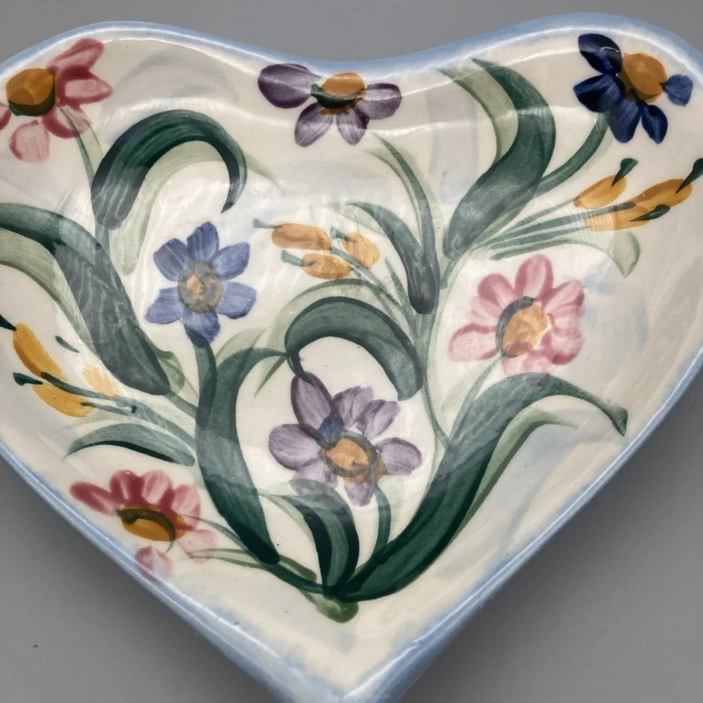 Heart Shaped Maypop Ceramic Dish Pottery by Gail Pittman 2000 Signed Floral